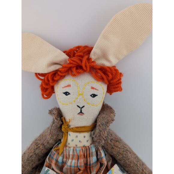 Handmade Bunny Ragdoll Modern Red Hair Glasses Rabbit Cloth Doll 16" Plaid Dress - Picture 2 of 10